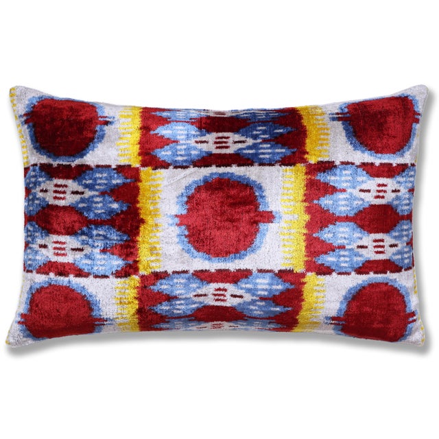 Mid-Century Modern Hand-Knotted Silk Ikat Lumbar Pillow - 16x24 Red & Blue Velvet Accent For Sale - Image 3 of 8