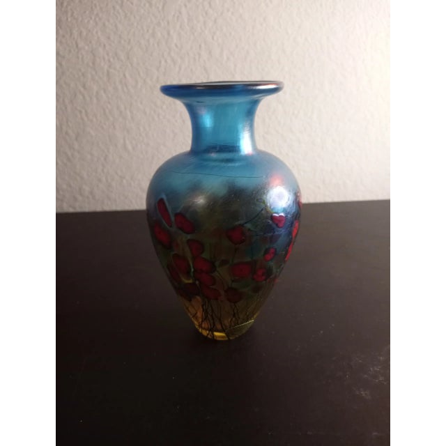 Vintage Robert Held Canada Handpainted California Poppy Pattern Blue Stretch Art Glass Bud Vase For Sale - Image 4 of 7