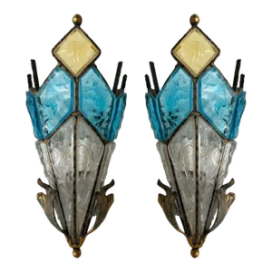Pair of Hammered Glass Wrought Iron Sconces by Longobard, Italy, 1970s