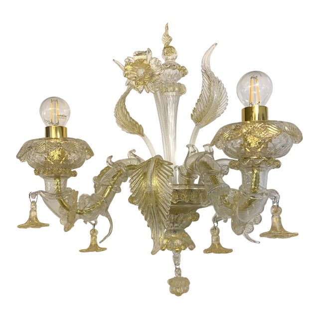 Contemporary Floral Transparent-Gold "Ca' Rezzonico" Murano Glass Wall Sconce For Sale