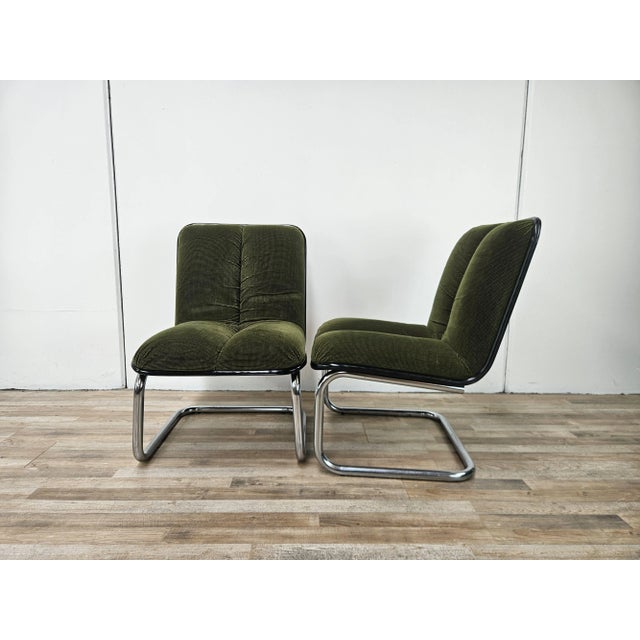 Vintage Chairs in Chromed Metal and Green Fabric by Cazzaro, Design d'autore, 1970, Set of 2 For Sale - Image 4 of 18