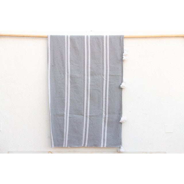 Moroccan Dove Grey Striped Moroccan Pom Pom Blanket For Sale - Image 3 of 7