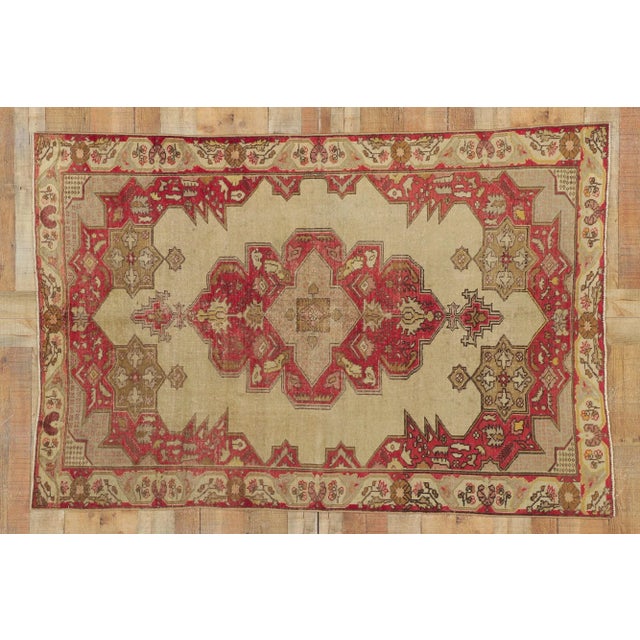 51707, Distressed vintage Turkish Oushak rug with Art Deco Rustic style. This hand-knotted wool Distressed vintage Turkish...
