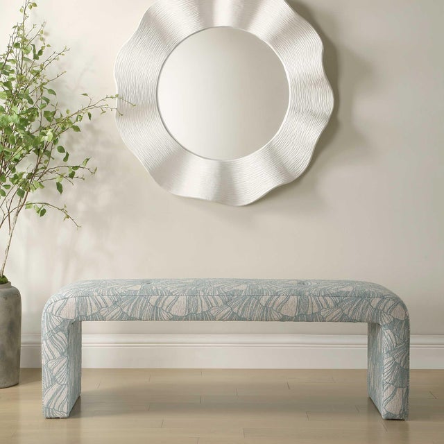 This Chic, Modern Bench Is Fully Upholstered In A Graphically Inspired Shell Print In Spa Blue, Offering A Clean Look And...
