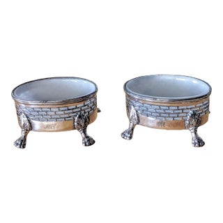 Pair of Antique Salt Cellars Porcelain on Footed Silver Base For Sale