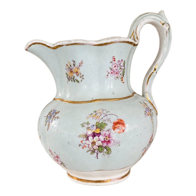 1900s Continental Floral Porcelain Petite Pitcher With Gilt Accents For Sale