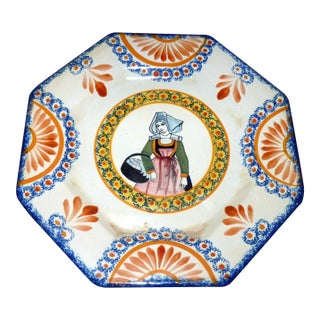 1930s Henriot Quimper 9" Octagonal Plate Breton Woman With Basket Faience For Sale