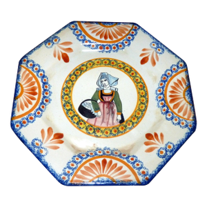 1930s Henriot Quimper 9" Octagonal Plate Breton Woman With Basket Faience