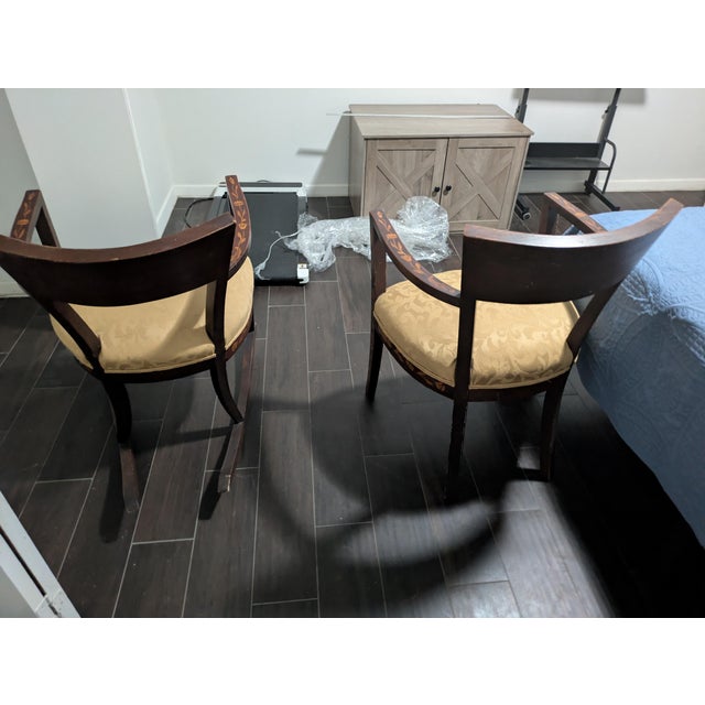 Victorian Pair 19th Century Dutch Marquetry Inlaid Mahogany Upholstered Armchairs For Sale - Image 3 of 12