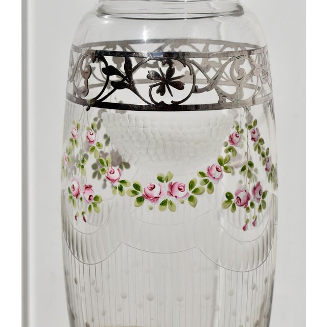 Antique Bohemian Etched Glass Vase W/Floral Enamel and Sterling Silver Overlay For Sale - Image 11 of 13