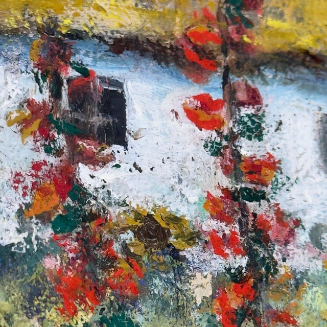 Green Vintage Original Oil Painting European Village Landscape Cottage Hollyhocks For Sale - Image 8 of 14