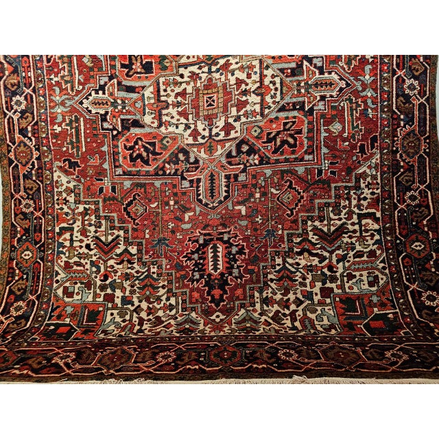 Vintage Persian Heriz Rug, Hand-Knotted Wool, Geometric Medallion Pattern, Red & Navy, 9x11 For Sale - Image 15 of 17