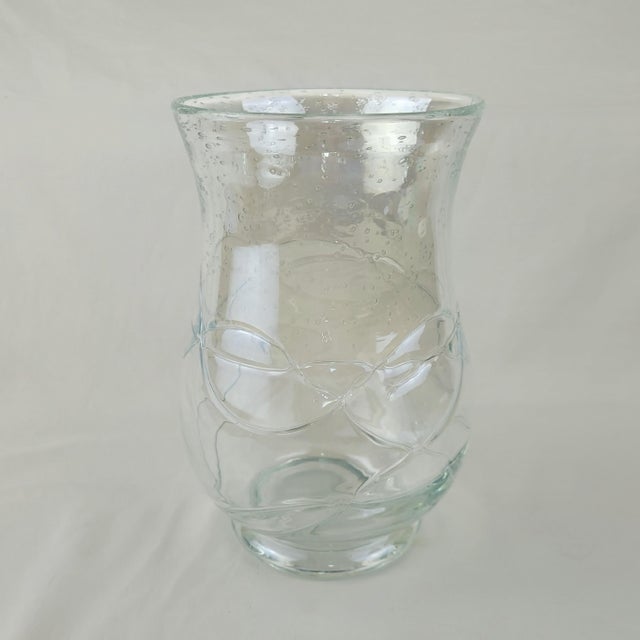 Contemporary Hand Blown Seeded Glass Hurricane Vase Swirl Ribbon Detail Clear 9" For Sale - Image 3 of 11