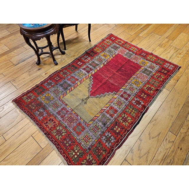 Red Vintage Turkish Anatolian Prayer Rug, Handwoven Wool, Early 1900s, 4' x 6' For Sale - Image 8 of 10