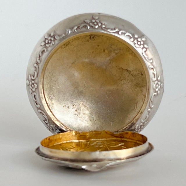 Antique Art Nouveau Repoussé Silver 800 Pill Box With Gilt Interior, Circa 1900 For Sale - Image 4 of 12