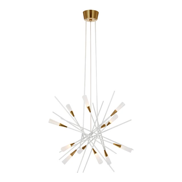 Chapman & Myers for Visual Comfort Signature Stellar Medium Chandelier in Matte White & Antique Brass with Frosted Acrylic For Sale