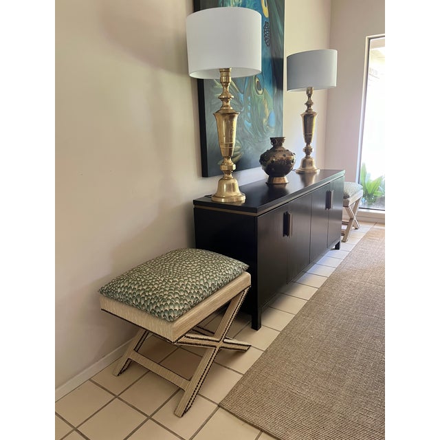 1960s Pair of Mid-Century X Form Benches With Antique Brass Nailheads For Sale - Image 11 of 11