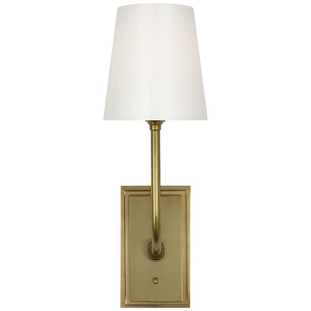 2020s Thomas O'Brien for Visual Comfort Signature Hulton 17" Cordless Single Sconce in Hand-Rubbed Antique Brass with White Glass Shade For Sale - Image 5 of 14