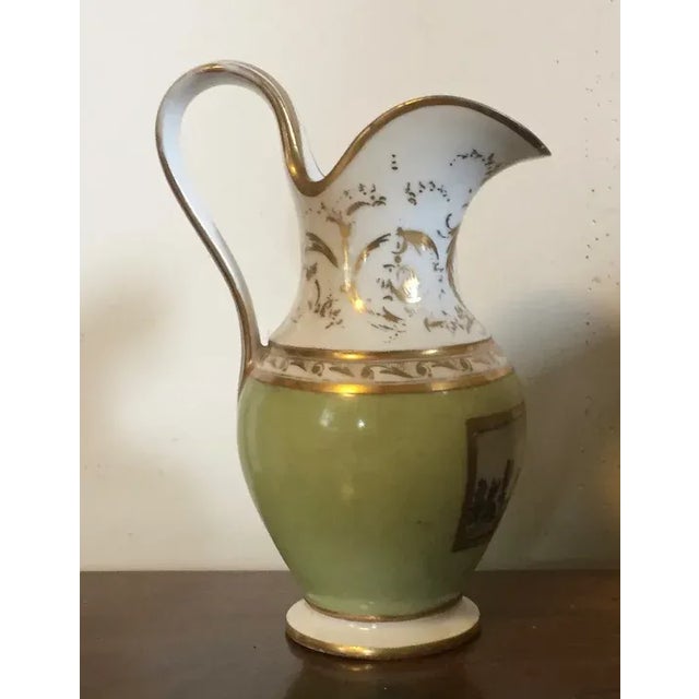 Antique early 19th c. French Empire old Paris porcelain creamer decorated with a landscape painting en grisaille on a...