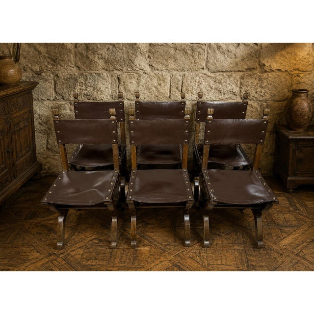 Renaissance Chairs in Oak and Leather, 1920s, Set of 6 For Sale - Image 4 of 6