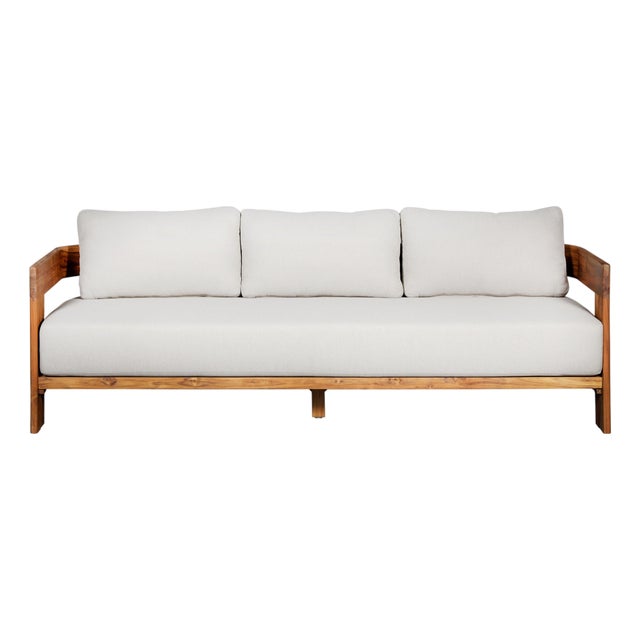Paradiso Outdoor Solid Teak Wood Sofa - Gray Fabric For Sale