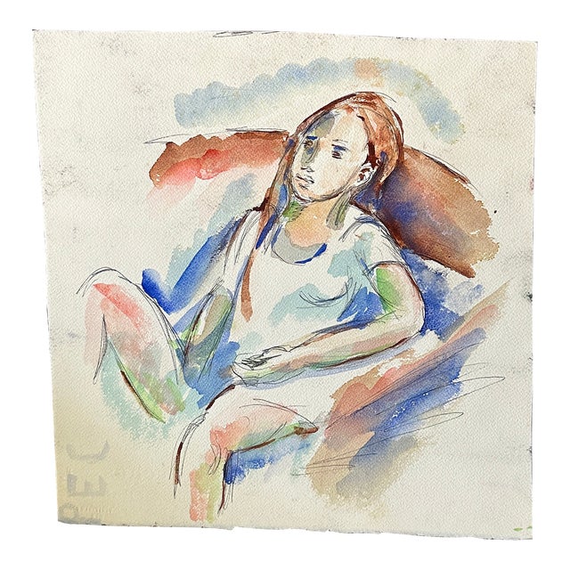 Watercolor Expressionism Painting of Sitting Girl For Sale