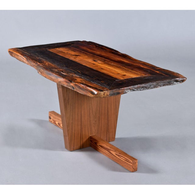 Brown Custom Made Lived Edge Heart of Pine Slab Coffee Table on Modern Wood Base For Sale - Image 8 of 10