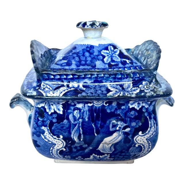 Antique Adams Staffordshire Historical Blue Transferware Covered Sugar Bowl, C. 1820s For Sale