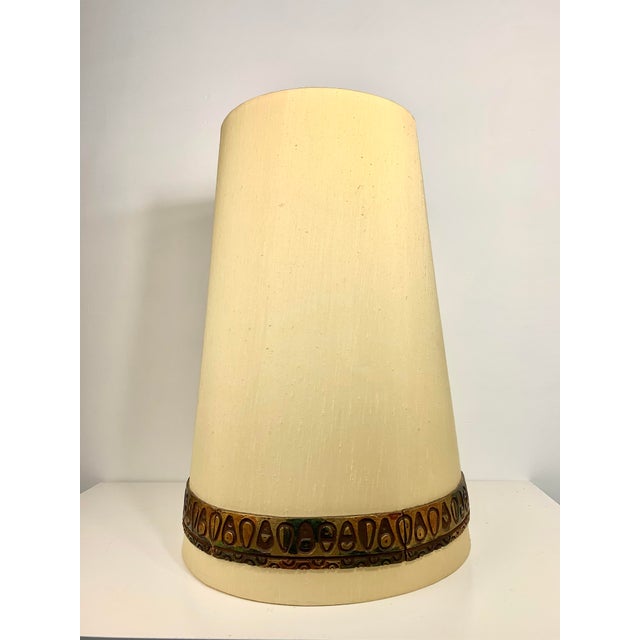 Extra large, over 2 feet tall, fat lava style lamp shade with cream colored cloth shade and wooden tiki style wood carved...