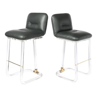 Mid-Century Leon Frost Tubular Stools in Lucite, Brass & Holly Hunt Leather For Sale