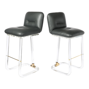 Mid-Century Leon Frost Tubular Stools in Lucite, Brass & Holly Hunt Leather