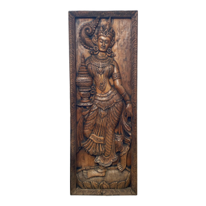 Vintage Large Carved Thai Deity Teak Wood Panel 48.25" H