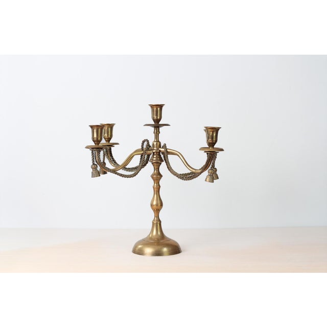 1970s Brass 5-Arm Candelabra With Rope and Tassel Detail For Sale - Image 14 of 14