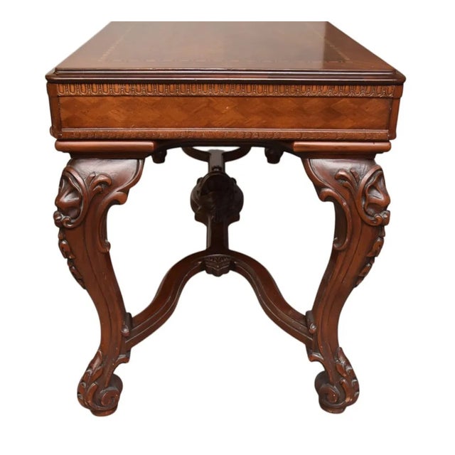American 1960s Mahogany Library or Console Table With Marquetry Top Inlay in Center For Sale - Image 3 of 6