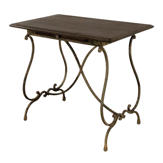 19th French Bistro Table With Iron Lyre Legs & Wood Top With Drawer For Sale