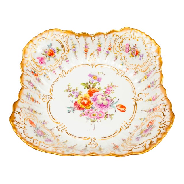 Antique Dresden Germany Franziska Hirsch Scalloped Floral Porcelain Serving Bowl For Sale
