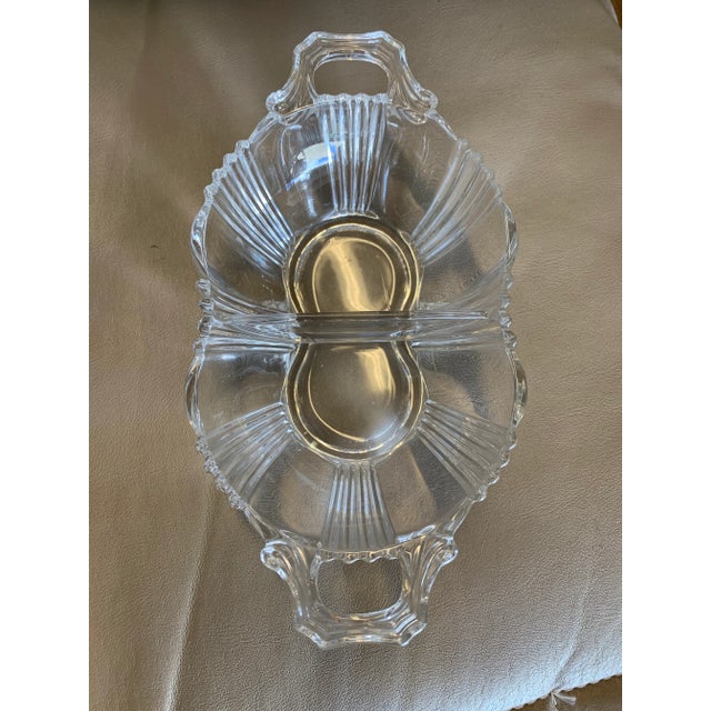Divided Relish Tray with Handles, Clear. Not marked but was told it was Fostoria Glass pattern of Sunray . Measuring 8"...