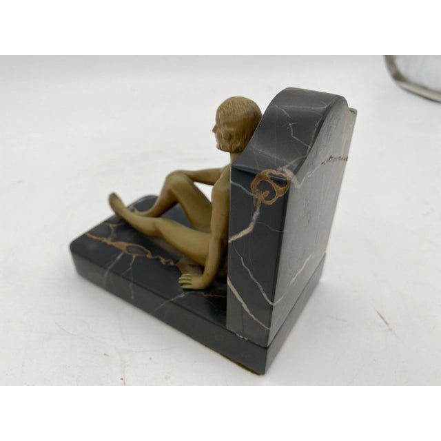 Gold French Nude Flapper Girl Spelter Metal & Marble Bookend Pair, 1920 For Sale - Image 8 of 11