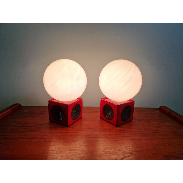 Red Ceramic Bedside Lamps with Opaline Glass Globes, 1970s, Set of 2 For Sale - Image 6 of 14