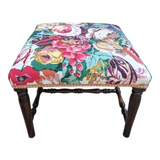 Brunschwig & Fils "Westbury Bouquet" Chintz Upholstered Wooden Ottoman Footstool For Sale
