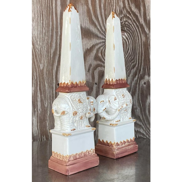 Ceramic Vintage Boho Glazed Terra Cotta Elephant Obelisks - a Pair For Sale - Image 7 of 7