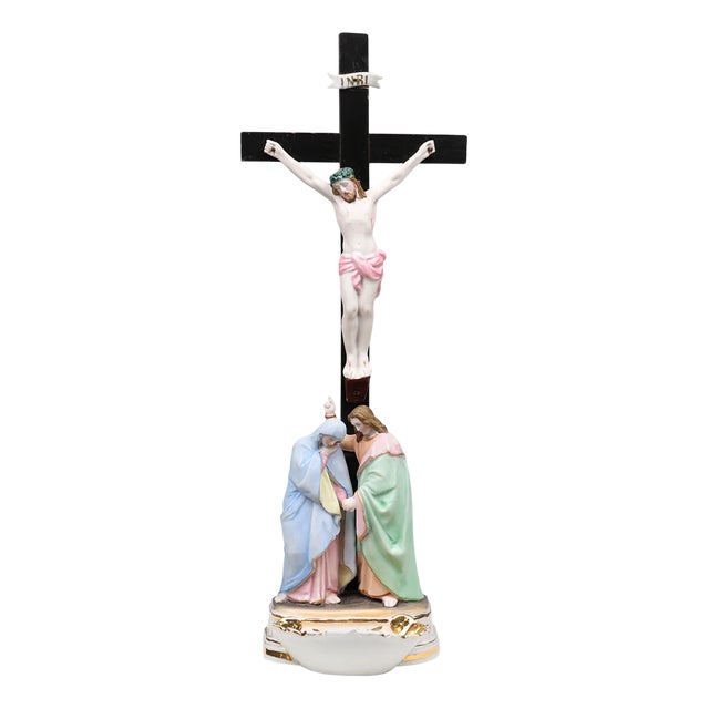 Holy Water Font in Porcelain with Crucifix from Vieux Andenne, Belgium, 20th Century For Sale