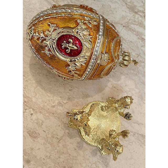 Burnt Orange Pierre Lorren Handmade Faberge Egg Style Trinket Fabergé Egg Style Austrian Crystal Diamond Pure Gold Deco Hand Painted 5 Star Egg & Handmade Bracelet For Sale - Image 8 of 9