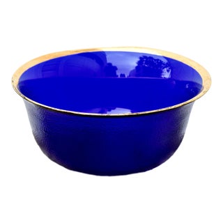 Vintage Cobalt Blue Glass Bowl Gold Rim Textured Pebble Art Glass For Sale