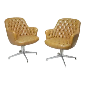 1950s Midcentury Modern Tufted Beige Leather Swivel Armchairs-A Pair
