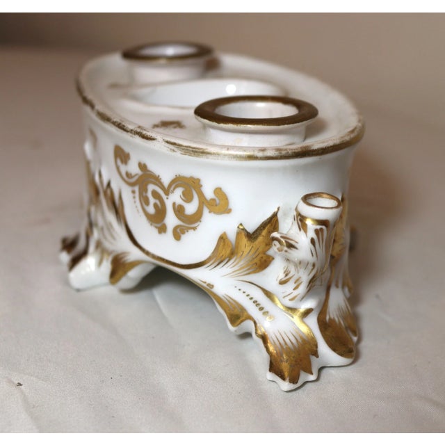 Antique 19th Century Hand Painted Gold Gilded Porcelain Writing Stand Inkwell For Sale - Image 9 of 11