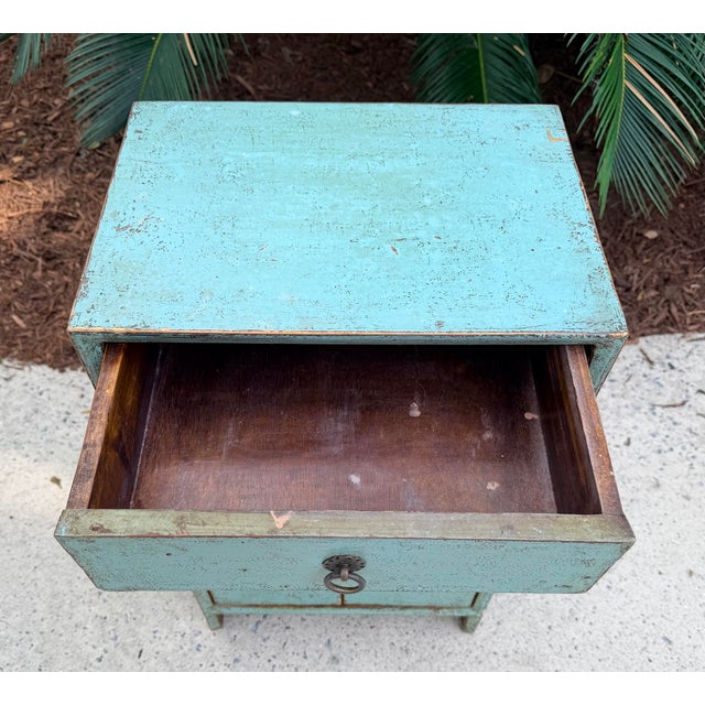 Distressed Turquoise One Drawer Small End Table Nightstand Cabinet For Sale - Image 4 of 12