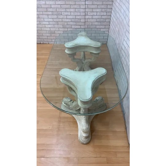 Vintage Neoclassical Faux-Stone Dolphin Pedestal Table With Glass Top For Sale - Image 10 of 11