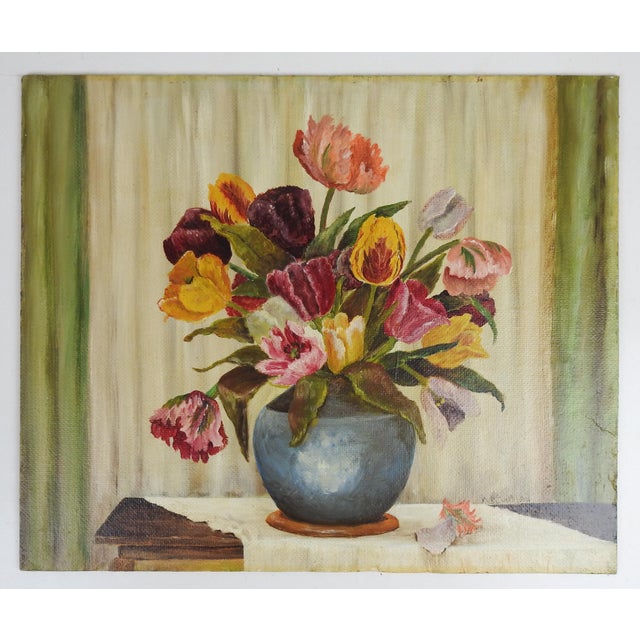English Early 20th Century Tulip in Blue Vase Still Life Painting For Sale - Image 3 of 4