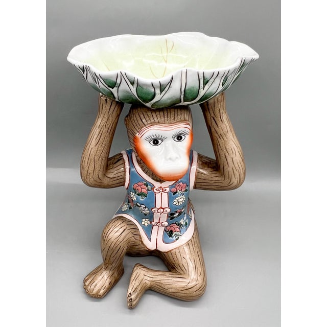 Chinoiserie Vintage Ceramic Monkey With Bok Choy Bowl & Floral Vest — Chinoiserie / Hollywood Regency / Whimsical For Sale - Image 3 of 11